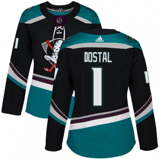 Women's Adidas Anaheim Ducks #1 Lukas Dostal Authentic Black Teal Third NHL Jersey - Ujersey