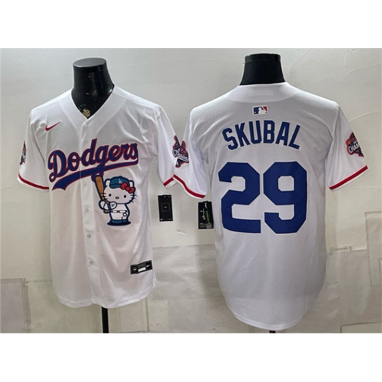 Men's Los Angeles Dodgers #29 Tarik Skubal White Hello Kitty Night 2025 World Series Champions Limited Stitched Baseball Jersey - Ujersey