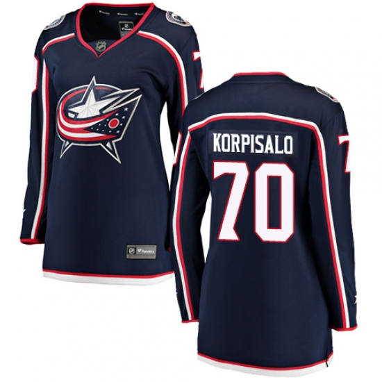 Women's Columbus Blue Jackets #70 Joonas Korpisalo Fanatics Branded Navy Blue Home Breakaway NHL Jersey