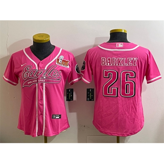 Women's Philadelphia Eagles #26 Saquon Barkley Pink 2025 Super Bowl LIX Cool Base Stitched Baseball Jersey(Run Small)