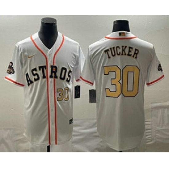 Men's Houston Astros #30 Kyle Tucker Number 2023 White Gold World Serise Champions Cool Base Stitched Jersey1 - Ujersey