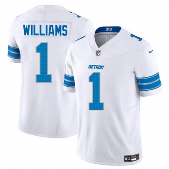 Men's Detroit Lions #1 Jameson Williams White 2025 F.U.S.E. Vapor Limited Football Stitched Jersey