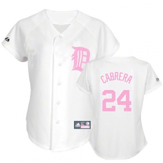 Women's Majestic Detroit Tigers #24 Miguel Cabrera Replica White(Pink No.) Fashion MLB Jersey - Ujersey