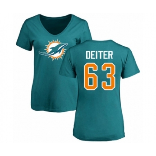 Football Women's Miami Dolphins #63 Michael Deiter Aqua Green Name & Number Logo T-Shirt - Ujersey