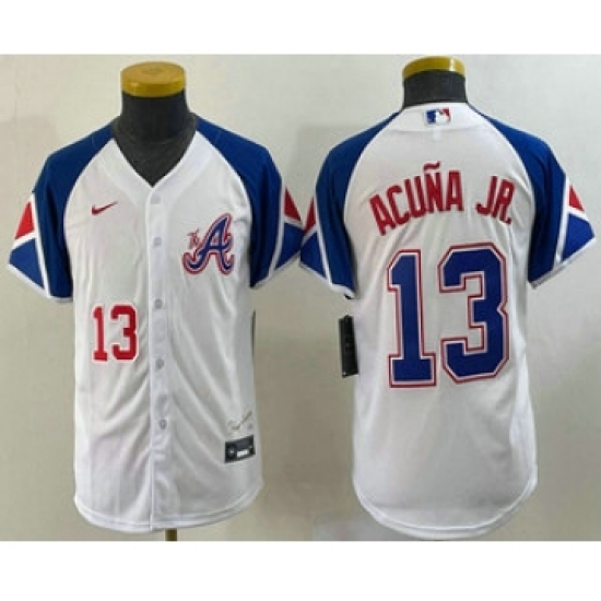 Youth Atlanta Braves #13 Ronald Acuna Jr Number White 2023 City Connect Cool Base Stitched Jersey1 - Ujersey