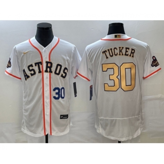 Men's Houston Astros #30 Kyle Tucker Number 2023 White Gold World Serise Champions Flex Base Stitched Jersey - Ujersey