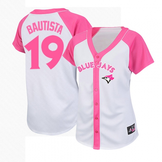 Women's Majestic Toronto Blue Jays #19 Jose Bautista Authentic White/Pink Splash Fashion MLB Jersey - Ujersey
