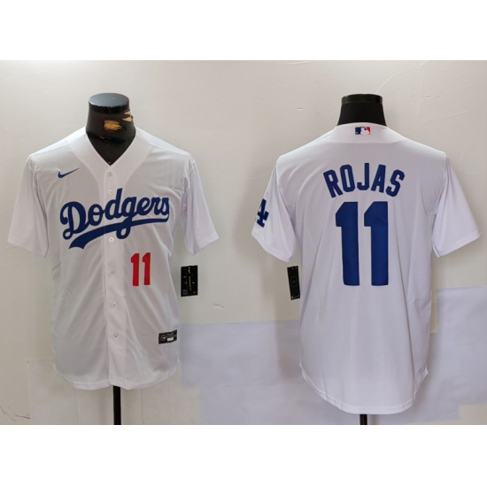 Men's Los Angeles Dodgers #11 Miguel Rojas Number White Cool Base Stitched Jersey - Ujersey