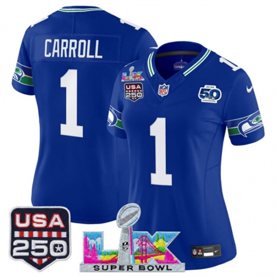 Women's Seattle Seahawks #1 Pete Carroll Royal 2025 F.U.S.E. Super Bowl LX And 50th Season & USA 250 Vapor Throwback Limited Stitched Football Jersey - Ujersey