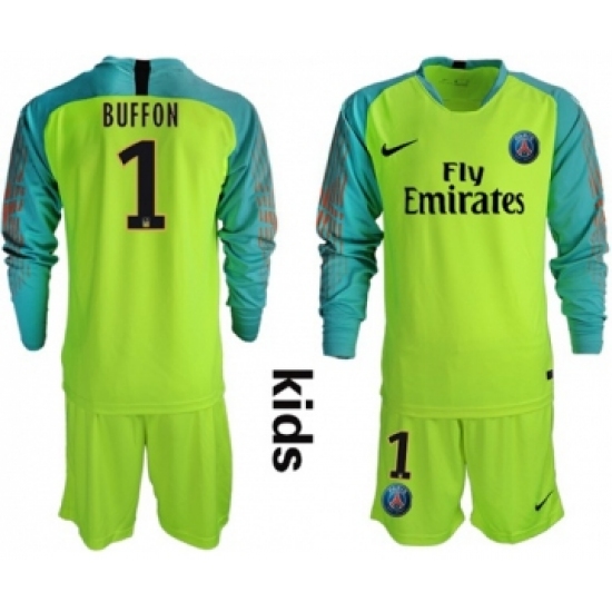 Paris Saint Germain #1 Buffon Shiny Green Goalkeeper Long Sleeves Kid Soccer Club Jersey