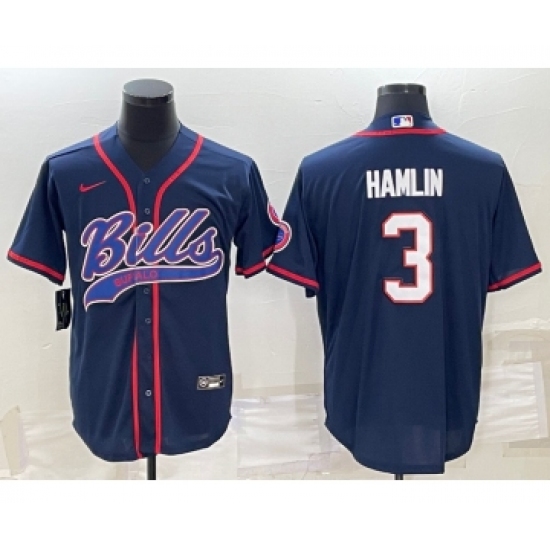 Men's Buffalo Bills #3 Damar Hamlin Navy Blue With Patch Cool Base Stitched Baseball Jersey - Ujersey