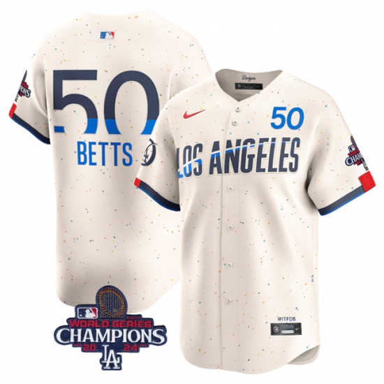 Men's Los Angeles Dodgers #50 Mookie Betts Cream 2024 World Series Champions City Connect Limited Stitched Baseball Jersey - Ujersey