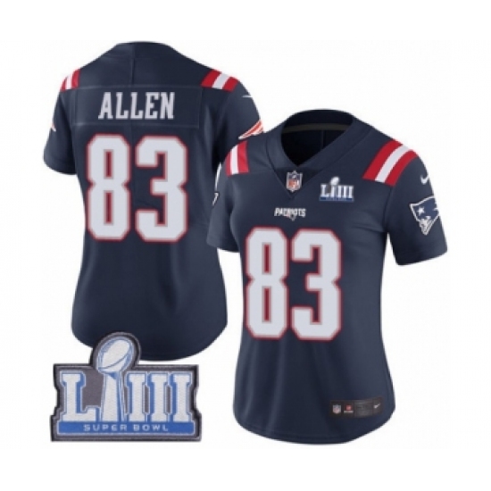Women's Nike New England Patriots #83 Dwayne Allen Limited Navy Blue Rush Vapor Untouchable Super Bowl LIII Bound NFL Jersey - Ujersey