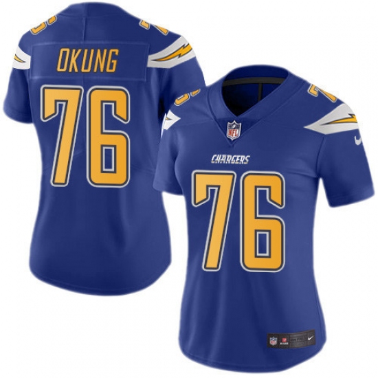 Women's Nike Los Angeles Chargers #76 Russell Okung Limited Electric Blue Rush Vapor Untouchable NFL Jersey - Ujersey