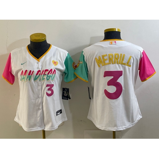 Women's San Diego Padres #3 Jackson Merrill Number White Heart 2024 City Connect Cool Base Stitched Jersey - Ujersey