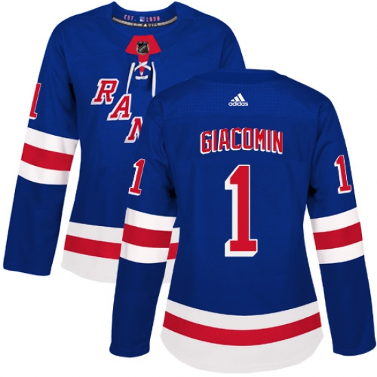 Women's Adidas New York Rangers #1 Eddie Giacomin Authentic Royal Blue Home NHL Jersey - Ujersey