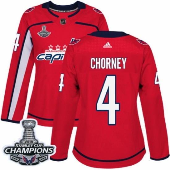 Women's Adidas Washington Capitals #4 Taylor Chorney Authentic Red Home 2018 Stanley Cup Final Champions NHL Jersey