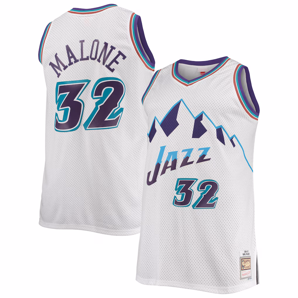 Men's Utah Jazz Karl Malone Mitchell & Ness White 1996/97 Big & Tall Hardwood Classics Swingman Jersey - Vujersey Los Angeles Rams