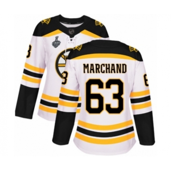 Women's Boston Bruins #63 Brad Marchand Authentic White Away 2019 Stanley Cup Final Bound Hockey Jersey - Ujersey