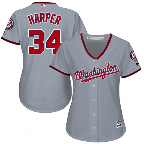Women's Majestic Washington Nationals #34 Bryce Harper Authentic Grey Road Cool Base MLB Jersey - Ujersey