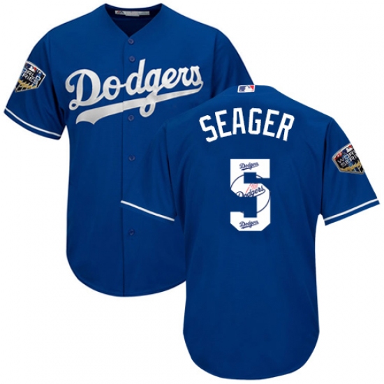 Men's Majestic Los Angeles Dodgers #5 Corey Seager Authentic Royal Blue Team Logo Fashion Cool Base 2018 World Series MLB Jersey - Ujersey