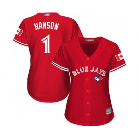 Women's Toronto Blue Jays #1 Alen Hanson Replica Scarlet Alternate Baseball Jersey - Ujersey