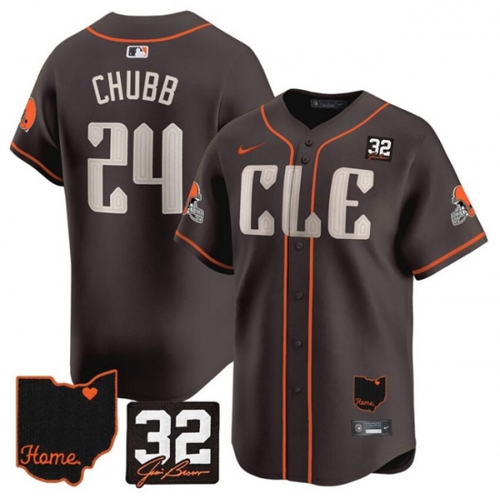 Men's Cleveland Browns #24 Nick Chubb Brown With Jim Brown Memorial & Home Vapor Premier Limited Stitched Baseball Jersey