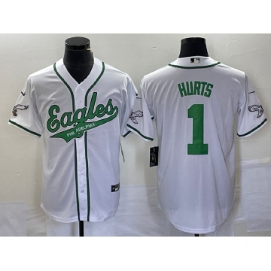 Men's Nike Philadelphia Eagles #1 Jalen Hurts White Cool Base Stitched Baseball Jersey1 - Ujersey