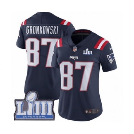 Women's Nike New England Patriots #87 Rob Gronkowski Limited Navy Blue Rush Vapor Untouchable Super Bowl LIII Bound NFL Jersey - Ujersey