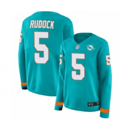 Women's Miami Dolphins #5 Jake Rudock Limited Aqua Therma Long Sleeve Football Jersey - Ujersey