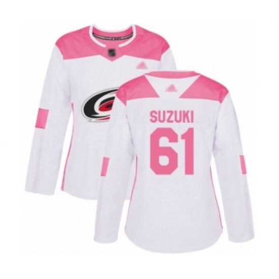 Women's Carolina Hurricanes #61 Ryan Suzuki Authentic White Pink Fashion Hockey Jersey - Ujersey
