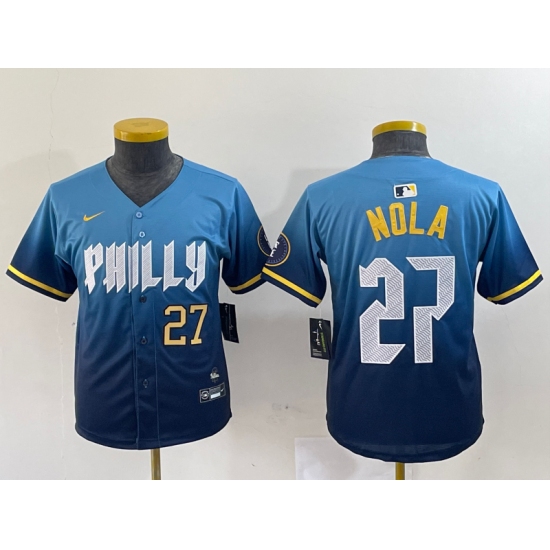 Women's Philadelphia Phillies #27 Aaron Nola Blue 2024 City Connect Limited Stitched Jerseys - Ujersey