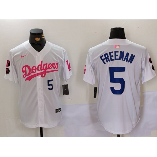 Men's Los Angeles Dodgers #5 Freddie Freeman White Pink Vin & Kobe Stitched Baseball Jersey1 - Ujersey