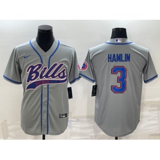 Men's Buffalo Bills #3 Damar Hamlin Grey With Patch Cool Base Stitched Baseball Jersey - Ujersey