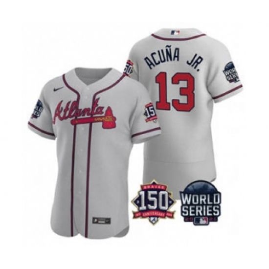 Men's Atlanta Braves #13 Ronald Acuna Jr. 2021 Gray World Series Flex Base With 150th Anniversary Patch Baseball Jersey - Ujersey