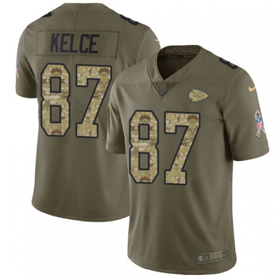 Youth Nike Kansas City Chiefs #87 Travis Kelce Limited Olive/Camo 2017 Salute to Service NFL Jersey - Ujersey