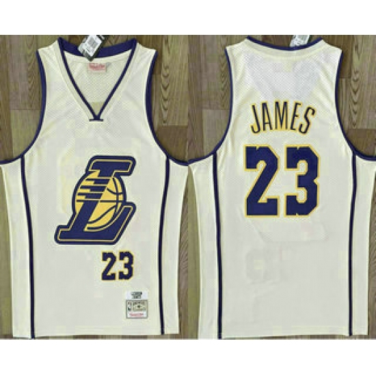 Men's Los Angeles Lakers #23 Lebron James Cream Throwback Swingman Jersey - Ujersey