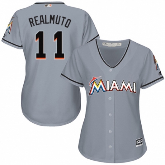 Women's Majestic Miami Marlins #11 J. T. Realmuto Authentic Grey Road Cool Base MLB Jersey - Ujersey