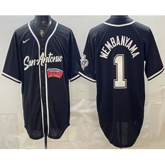 Men's San Antonio Spurs #1 Victor Wembanyama Black Stitched Baseball Jersey