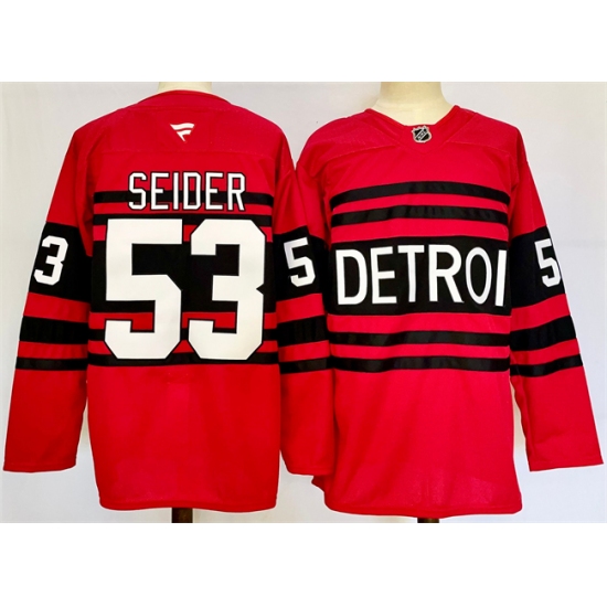 Men's Detroit Red Wings 53 Moritz Seider Red 2024-25 Reverse Retro Stitched Jersey - Ujersey