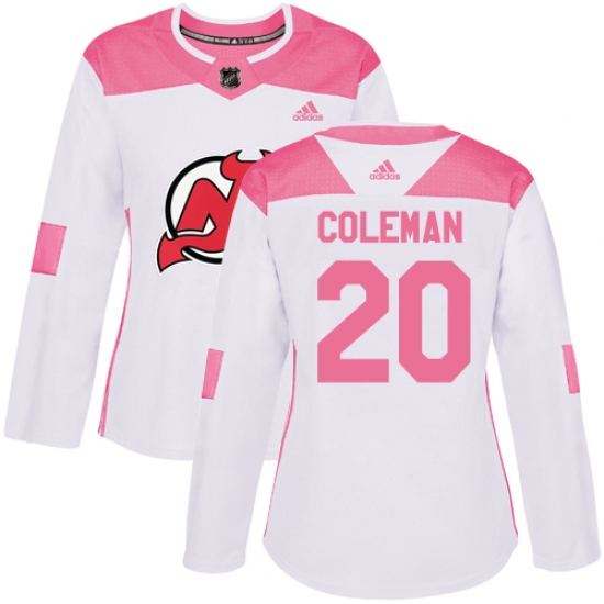 Women's Adidas New Jersey Devils #20 Blake Coleman Authentic White Pink Fashion NHL Jersey - Ujersey