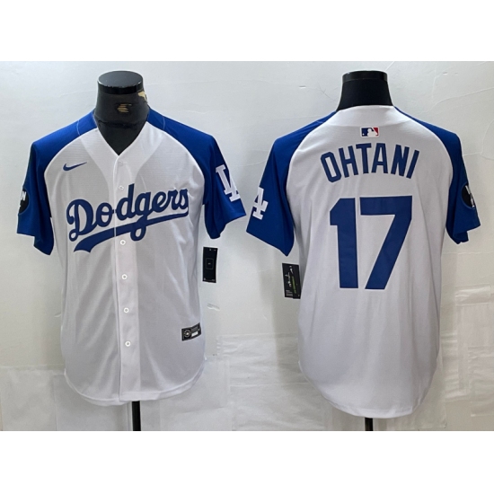 Men's Los Angeles Dodgers #17 Shohei Ohtani White Blue Fashion Stitched Cool Base Limited Jerseys - Ujersey