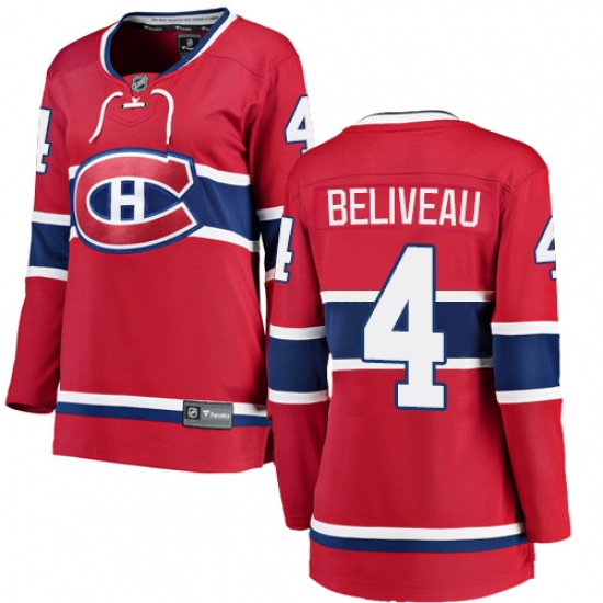 Women's Montreal Canadiens #4 Jean Beliveau Authentic Red Home Fanatics Branded Breakaway NHL Jersey - Ujersey