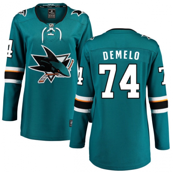 Women's San Jose Sharks #74 Dylan DeMelo Fanatics Branded Teal Green Home Breakaway NHL Jersey - Ujersey