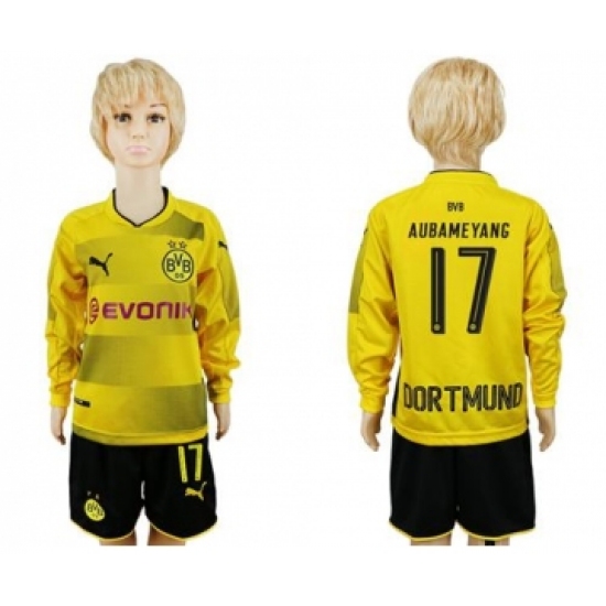 Dortmund #17 Aubameyang Home Long Sleeves Kid Soccer Club Jersey