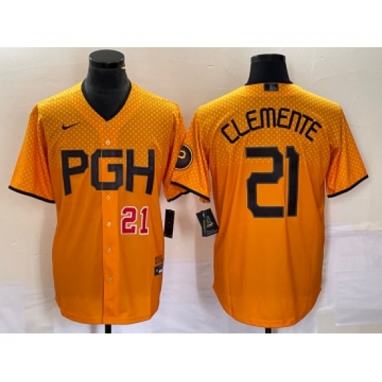 Men's Nike Pittsburgh Pirates #21 Roberto Clemente Number Gold 2023 City Connect Stitched Jersey - Ujersey
