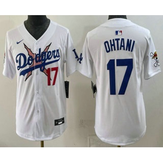 Youth Los Angeles Dodgers x One Piece #17 Shohei Ohtani White Vapor Premier Limited Stitched Jersey - Ujersey