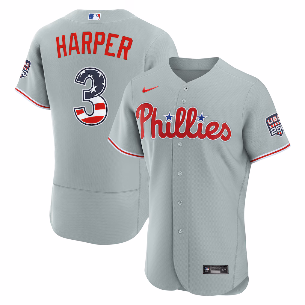 Men's Philadelphia Phillies Bryce Harper Nike Gray USA 250 Fourth of July Road Authentic Jersey - Ujersey