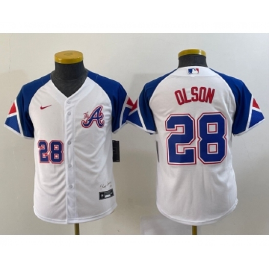 Youth Atlanta Braves #28 Matt Olson Number White 2023 City Connect Cool Base Stitched Jersey1 - Ujersey