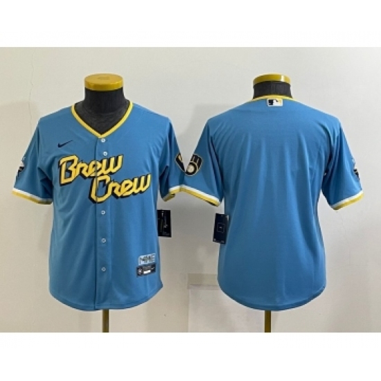Youth Milwaukee Brewers Blank Blue 2022 City Connect Cool Base Stitched Jersey - Ujersey
